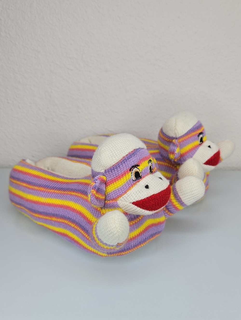 Kids multicolor striped sock monkey slippers